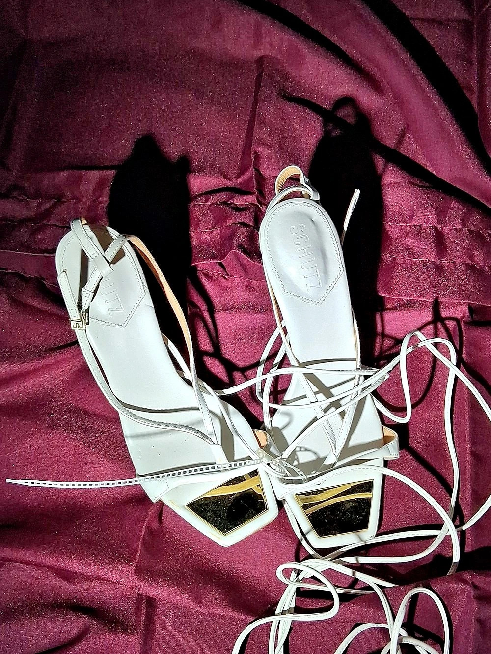 Schutz Vikki White & Gold Strappy Heels